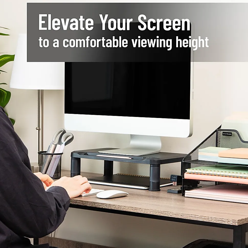 Mind Reader Plastic Monitor Stand Height Adjustable Laptop Computer Riser, 5-1/4"H x 10-1/2"W x 14-1/2"D, Black, Set of 2 Stands