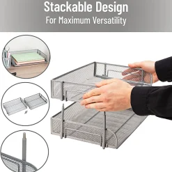 Mind Reader Stackable Desktop Organizer Paper Tray, 7-1/4”H x 10”W x 13-1/2”D, Silver, Set Of 2 Trays