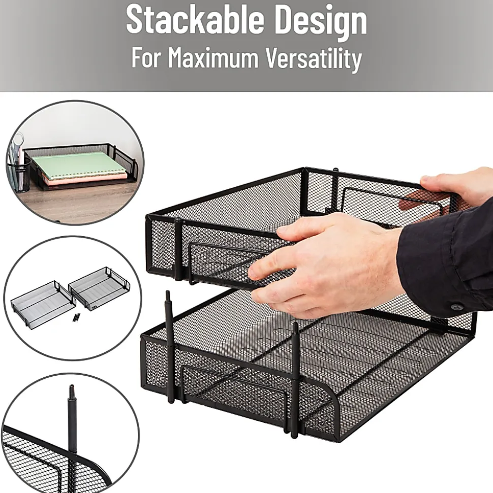 Mind Reader Stackable Desktop Organizer Paper Tray, 7-1/4”H x 10”W x 13-1/2”D, Black, Set Of 2 Trays