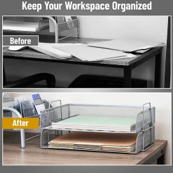 Mind Reader Stackable Paper Tray Desktop Organizer, 6-1/4”H x 9-3/4”W x 13-1/4”D, Silver