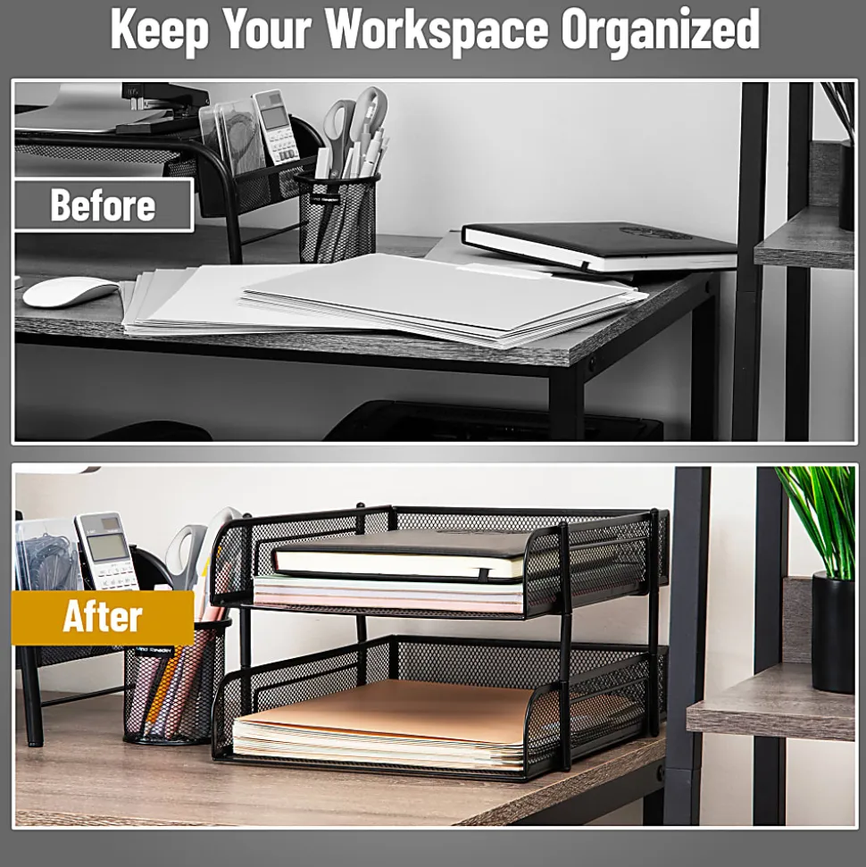 Mind Reader Stackable Paper Tray Desk Organizer, 7-1/2”H x 13-1/4”W x 10-1/2”D, Black, Set Of 2 Trays