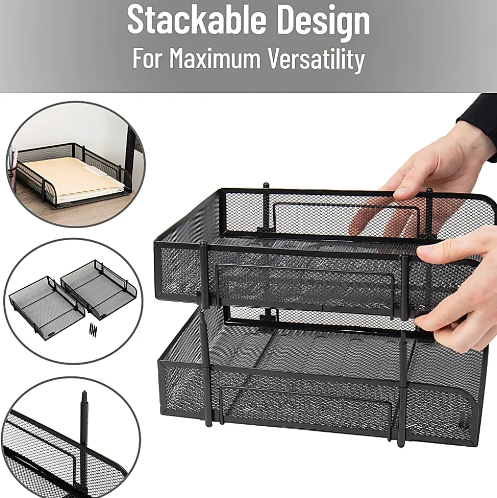 Mind Reader Stackable Paper Tray Desk Organizer, 7-1/2”H x 13-1/4”W x 10-1/2”D, Black, Set Of 2 Trays