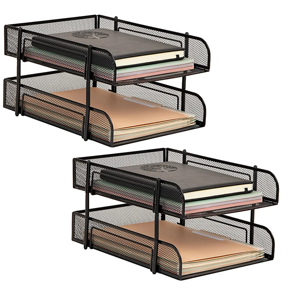 Mind Reader Stackable Paper Tray Desk Organizer, 7-1/2”H x 13-1/4”W x 10-1/2”D, Black, Set Of 2 Trays