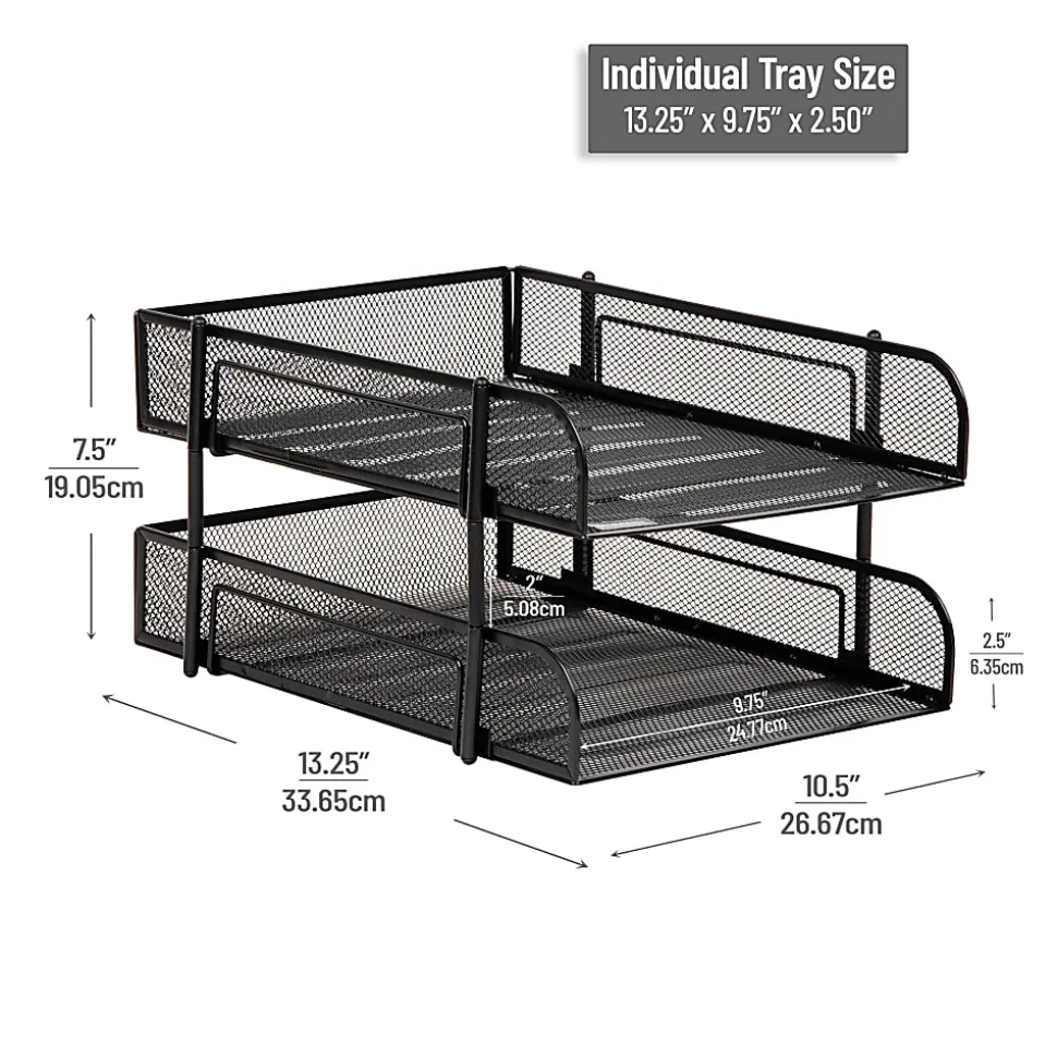 Mind Reader Stackable Paper Tray Desk Organizer, 7-1/2”H x 13-1/4”W x 10-1/2”D, Black, Set Of 2 Trays