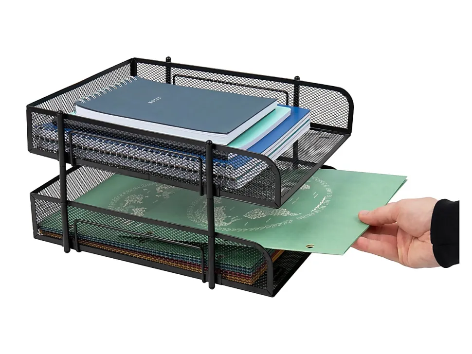 Mind Reader Stackable Paper Tray Desk Organizer, 7-1/2”H x 13-1/4”W x 10-1/2”D, Black, Set Of 2 Trays