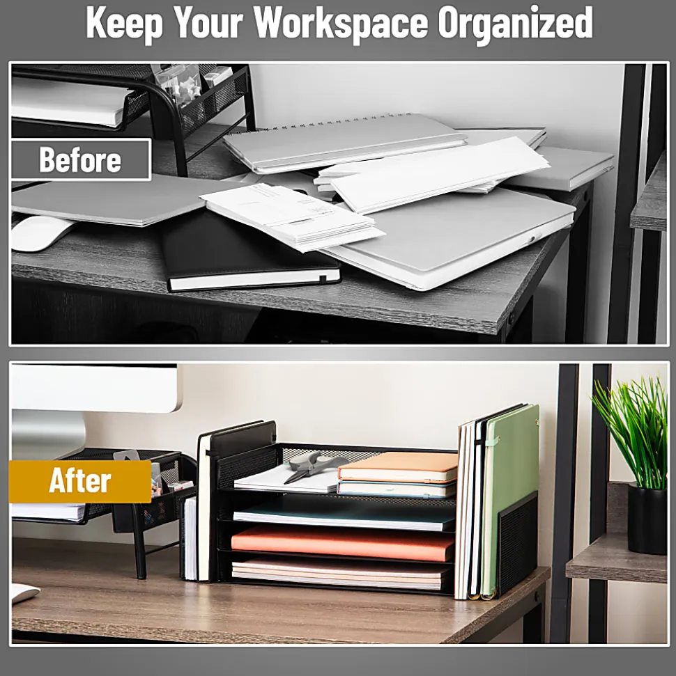 Mind Reader 4-Tier 6 Compartment Storage Desktop Organizer, 6" H x 9-3/20" W x 16-3/4" D, Black