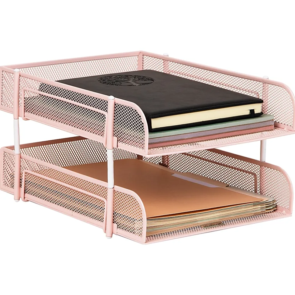 Mind Reader 2-Tier Metal Stackable Paper Tray, 7-1/2"H x 10-1/2"W x 13-1/4"D, Pink