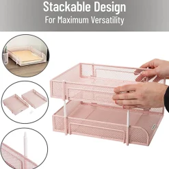 Mind Reader 2-Tier Metal Stackable Paper Tray, 7-1/2"H x 10-1/2"W x 13-1/4"D, Pink