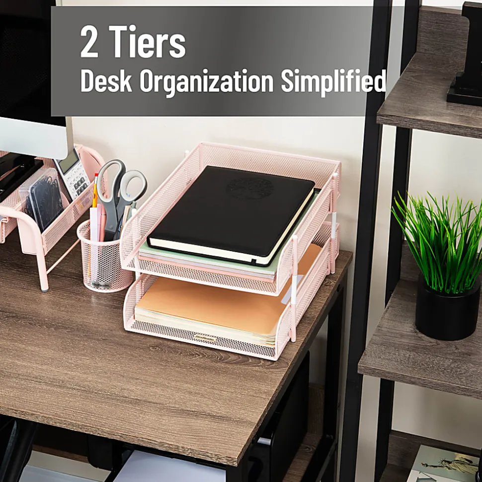 Mind Reader 2-Tier Metal Stackable Paper Tray, 7-1/2"H x 10-1/2"W x 13-1/4"D, Pink