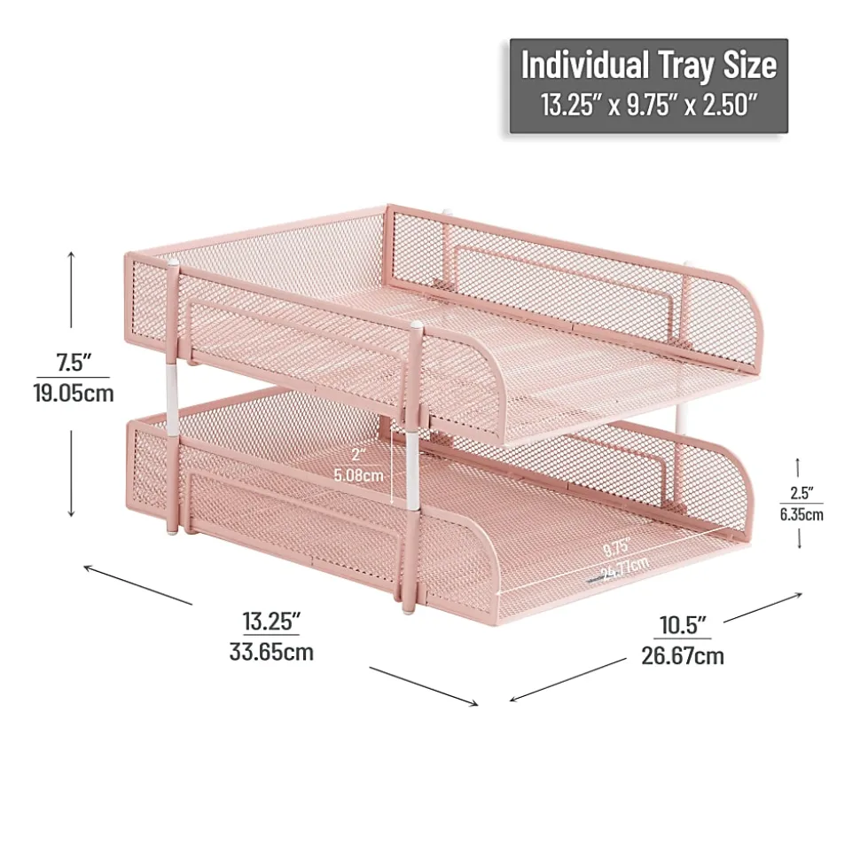 Mind Reader 2-Tier Metal Stackable Paper Tray, 7-1/2"H x 10-1/2"W x 13-1/4"D, Pink