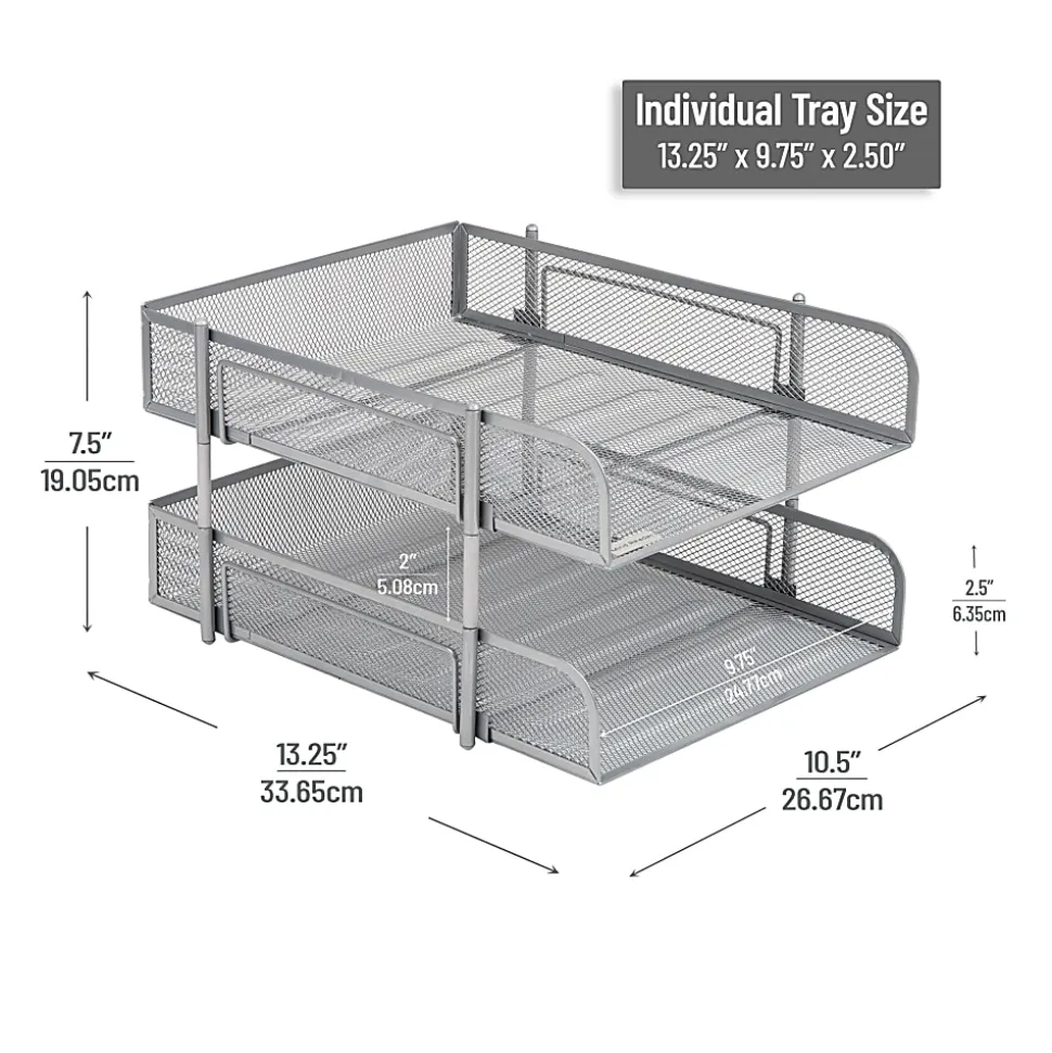 Mind Reader 2-Tier Metal Stackable Paper Tray, 7-1/2"H x 10-1/2"W x 13-1/4"D, Silver