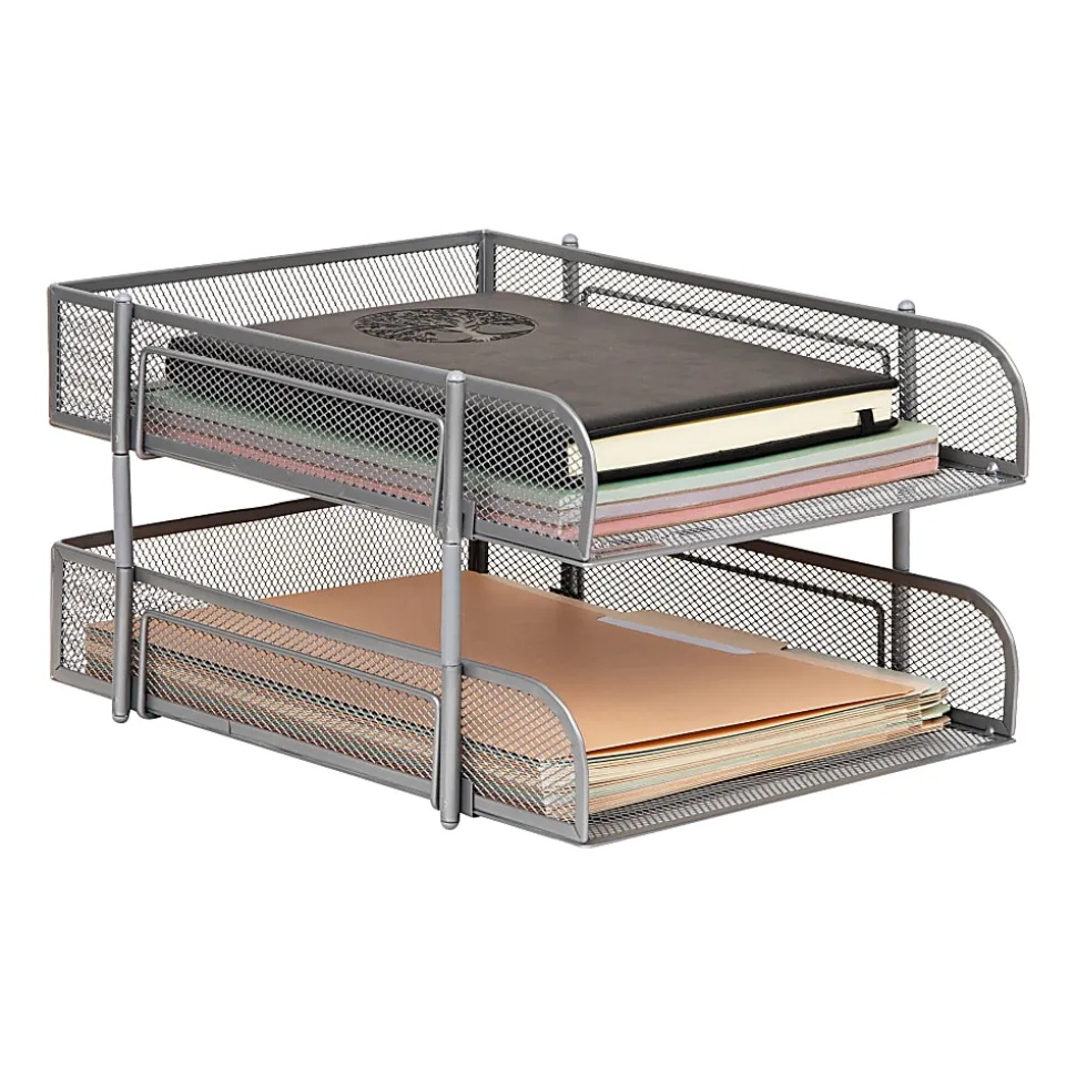 Mind Reader 2-Tier Metal Stackable Paper Tray, 7-1/2"H x 10-1/2"W x 13-1/4"D, Silver