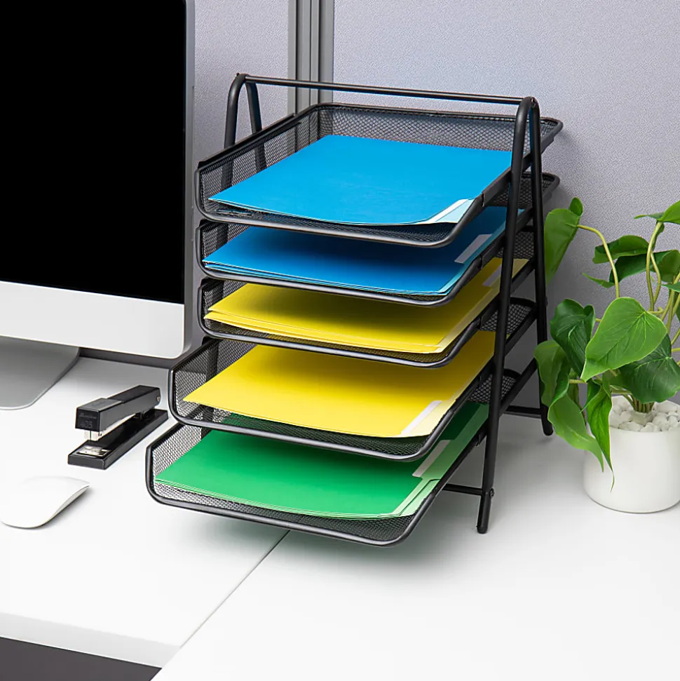 Mind Reader 5-Tier Paper Tray and 10 File Folders Desktop Organizer, 14-1/2"H x 14"W x 11-3/4"D, Black