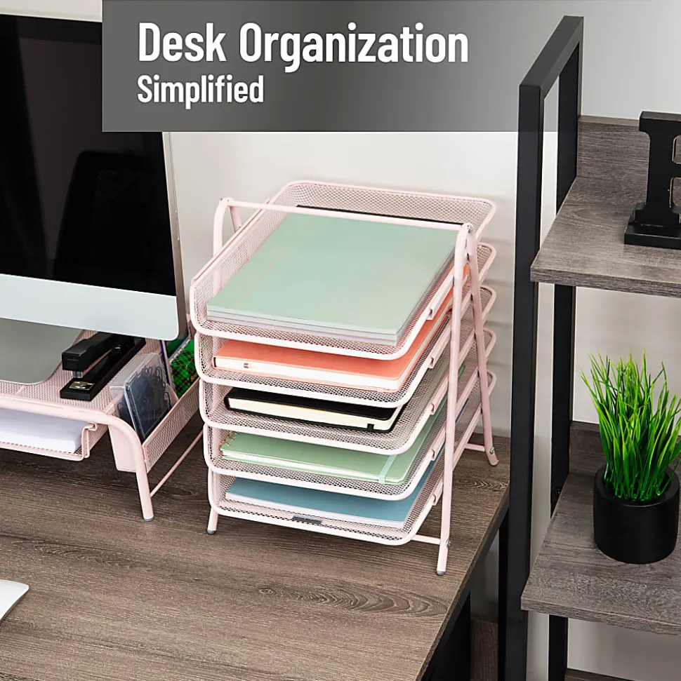 Mind Reader 5-Tier Paper Tray Desktop Organizer Metal Mesh, 15"H x 14"W x 11-3/4" L, Pink