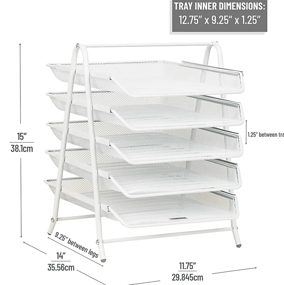 Mind Reader 5-Tier Paper Tray Desktop Organizer Metal Mesh, 15"H x 14"W x 11-3/4" L, White