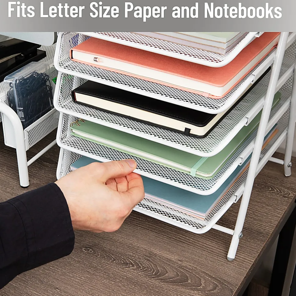 Mind Reader 5-Tier Paper Tray Desktop Organizer Metal Mesh, 15"H x 14"W x 11-3/4" L, White