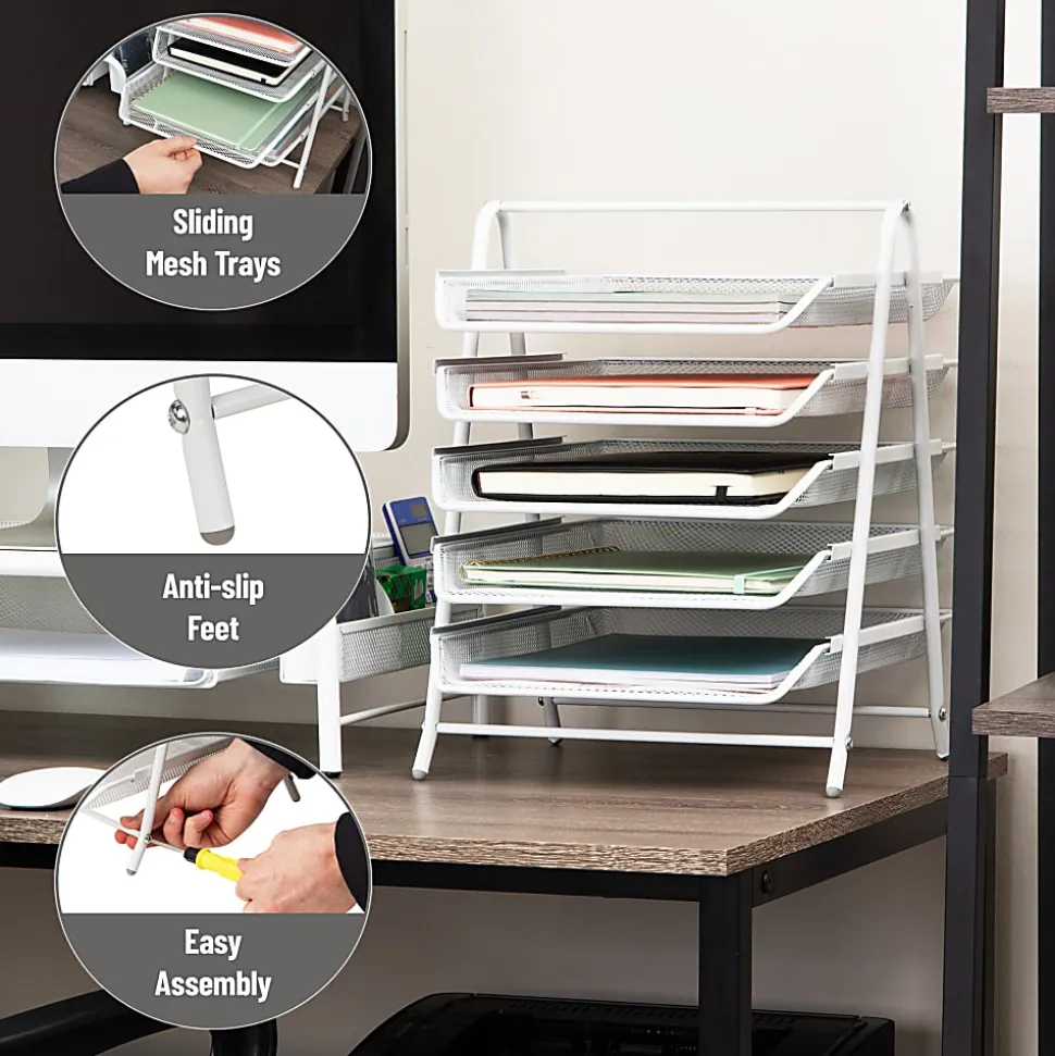 Mind Reader 5-Tier Paper Tray Desktop Organizer Metal Mesh, 15"H x 14"W x 11-3/4" L, White