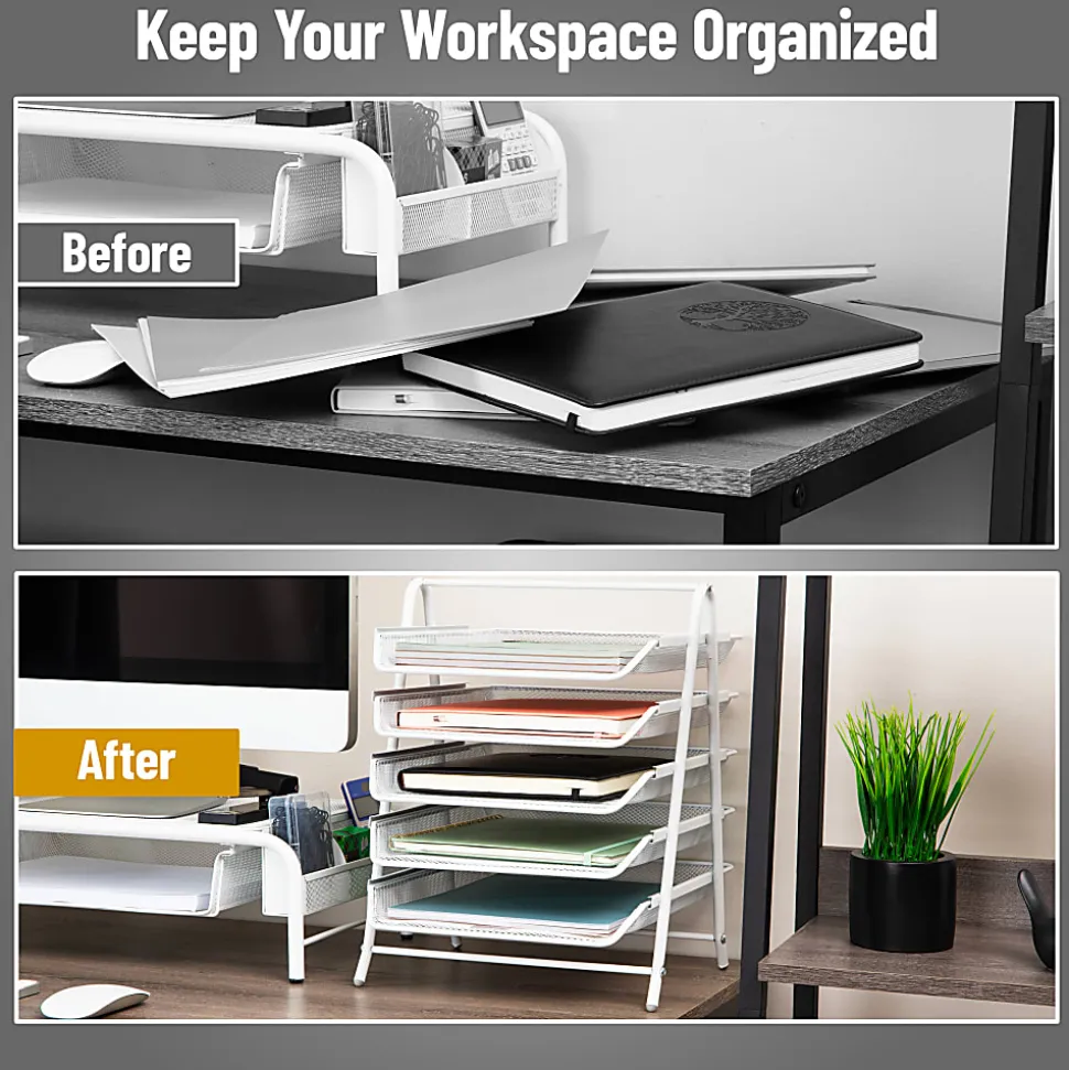Mind Reader 5-Tier Paper Tray Desktop Organizer Metal Mesh, 15"H x 14"W x 11-3/4" L, White