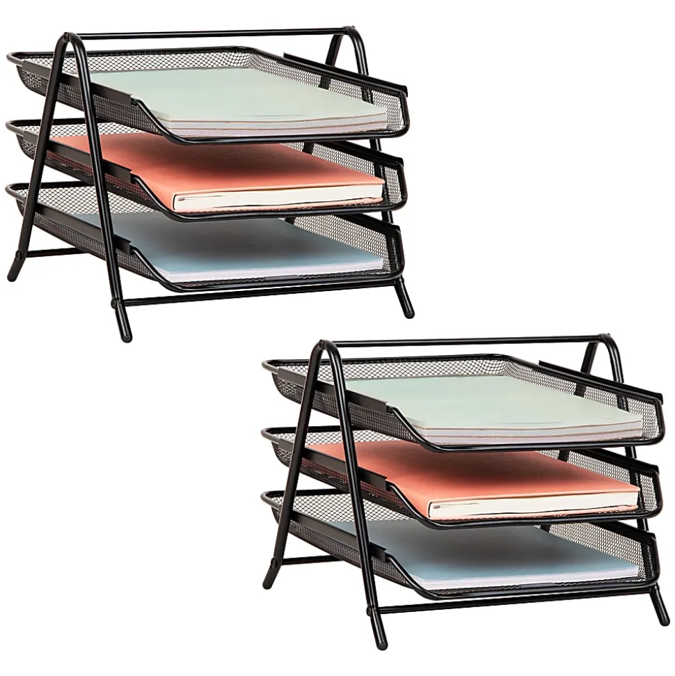 Mind Reader 3-Tier Paper Tray Desktop Organizer, File Storage, 10"H x 13-3/4"W x 11-1/2"L, Black, Set of 2 Trays