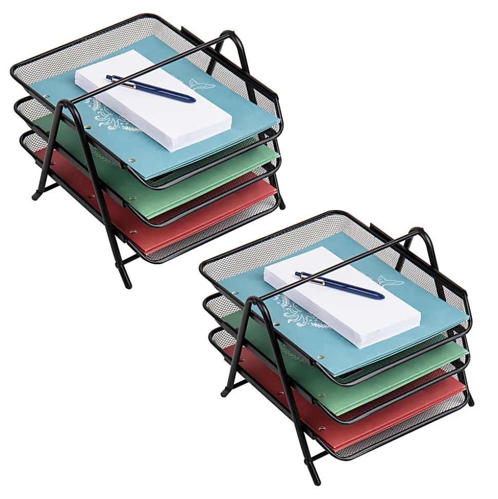 Mind Reader 3-Tier Paper Tray Desktop Organizer, File Storage, 10"H x 13-3/4"W x 11-1/2"L, Black, Set of 2 Trays