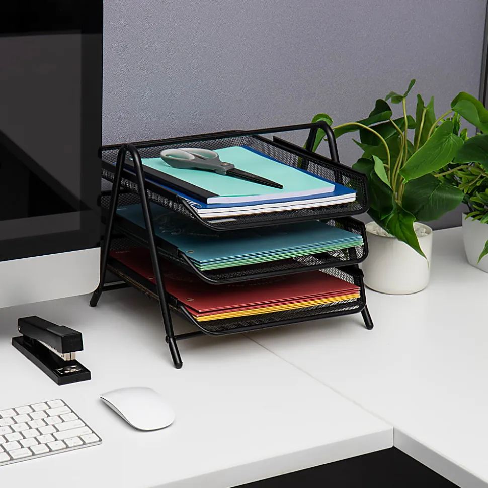Mind Reader 3-Tier Paper Tray Desktop Organizer, File Storage, 10"H x 13-3/4"W x 11-1/2"L, Black, Set of 2 Trays