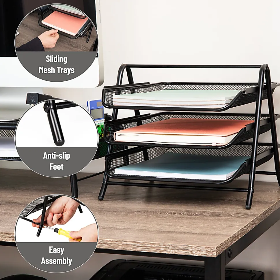 Mind Reader 3-Tier Paper Tray Desktop Organizer, File Storage, 10"H x 13-3/4"W x 11-1/2"L, Black, Set of 2 Trays