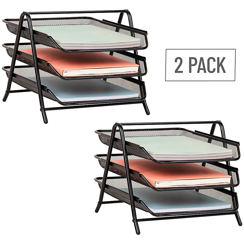 Mind Reader 3-Tier Paper Tray Desktop Organizer, File Storage, 10"H x 13-3/4"W x 11-1/2"L, Black, Set of 2 Trays