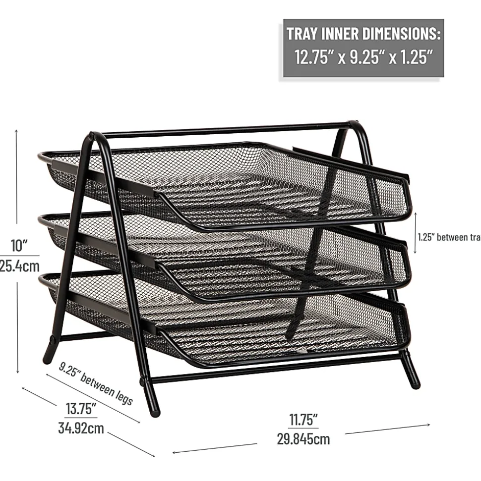 Mind Reader 3-Tier Paper Tray Desktop Organizer, File Storage, 10"H x 13-3/4"W x 11-1/2"L, Black, Set of 2 Trays
