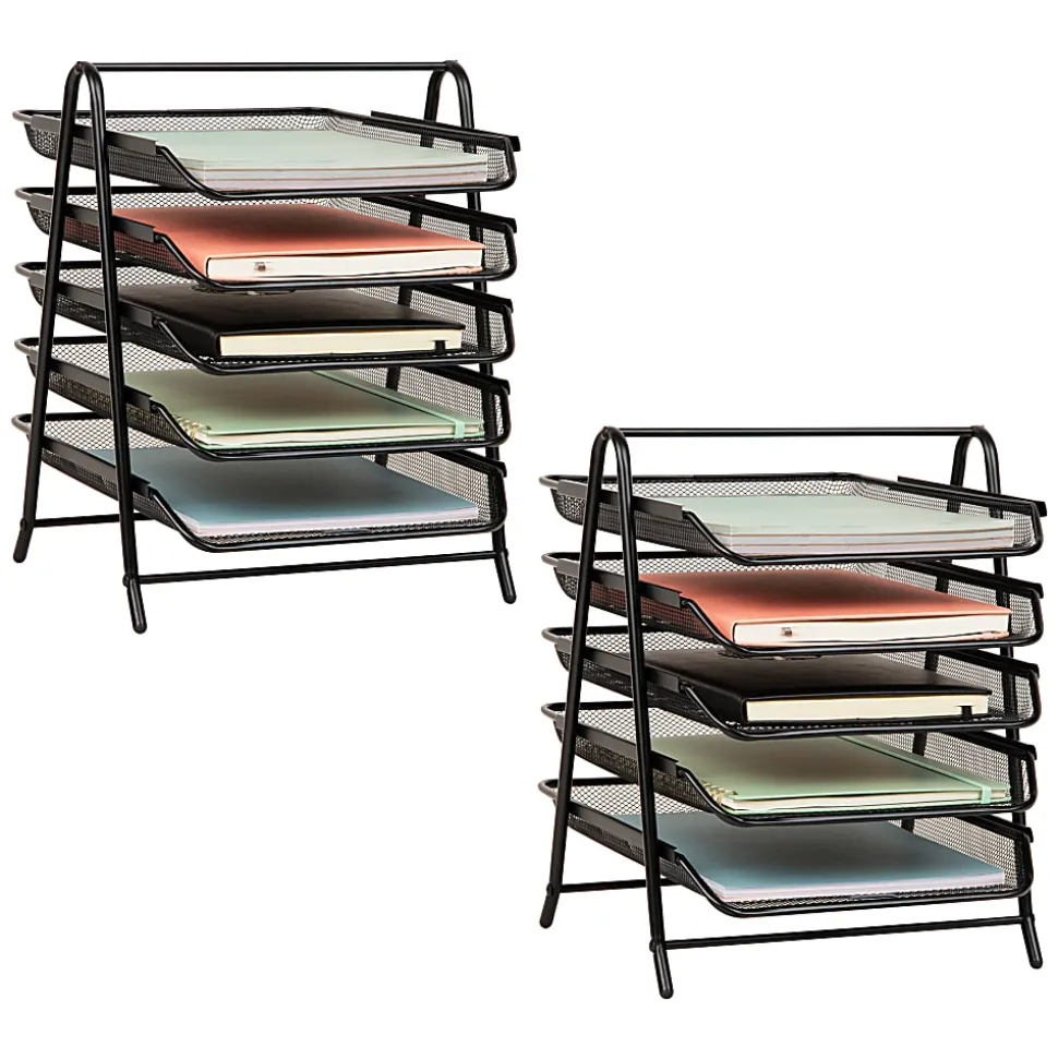 Mind Reader 5-Tier Paper Tray Desktop Organizer Metal Mesh, 14-1/2"H x 14"W x 11-3/4" L, Set of 2, Black