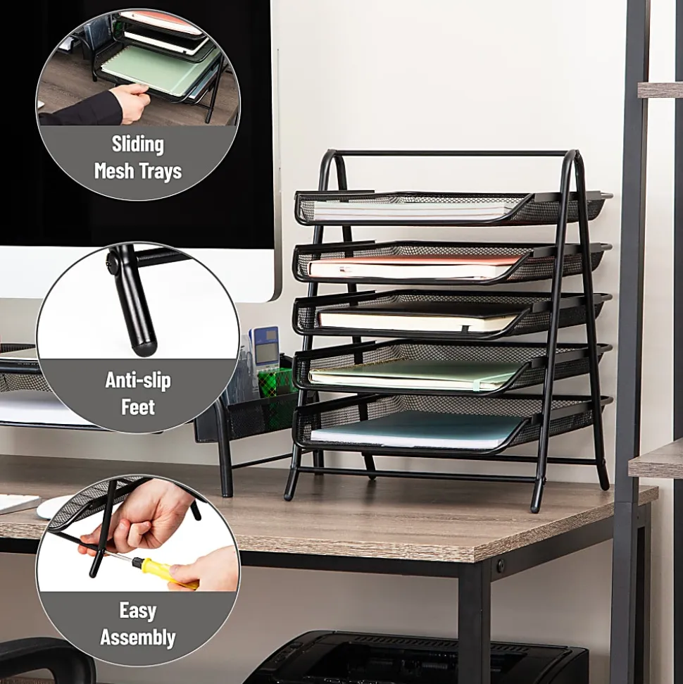 Mind Reader 5-Tier Paper Tray Desktop Organizer Metal Mesh, 14-1/2"H x 14"W x 11-3/4" L, Set of 2, Black