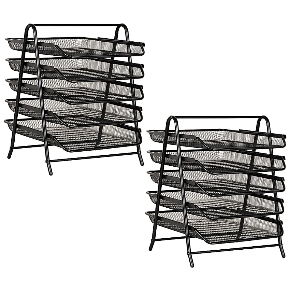 Mind Reader 5-Tier Paper Tray Desktop Organizer Metal Mesh, 14-1/2"H x 14"W x 11-3/4" L, Set of 2, Black