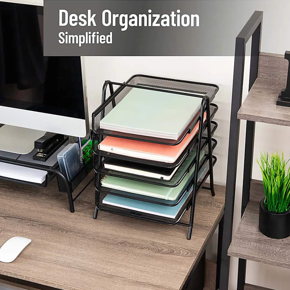 Mind Reader 5-Tier Paper Tray Desktop Organizer Metal Mesh, 14-1/2"H x 14"W x 11-3/4" L, Set of 2, Black