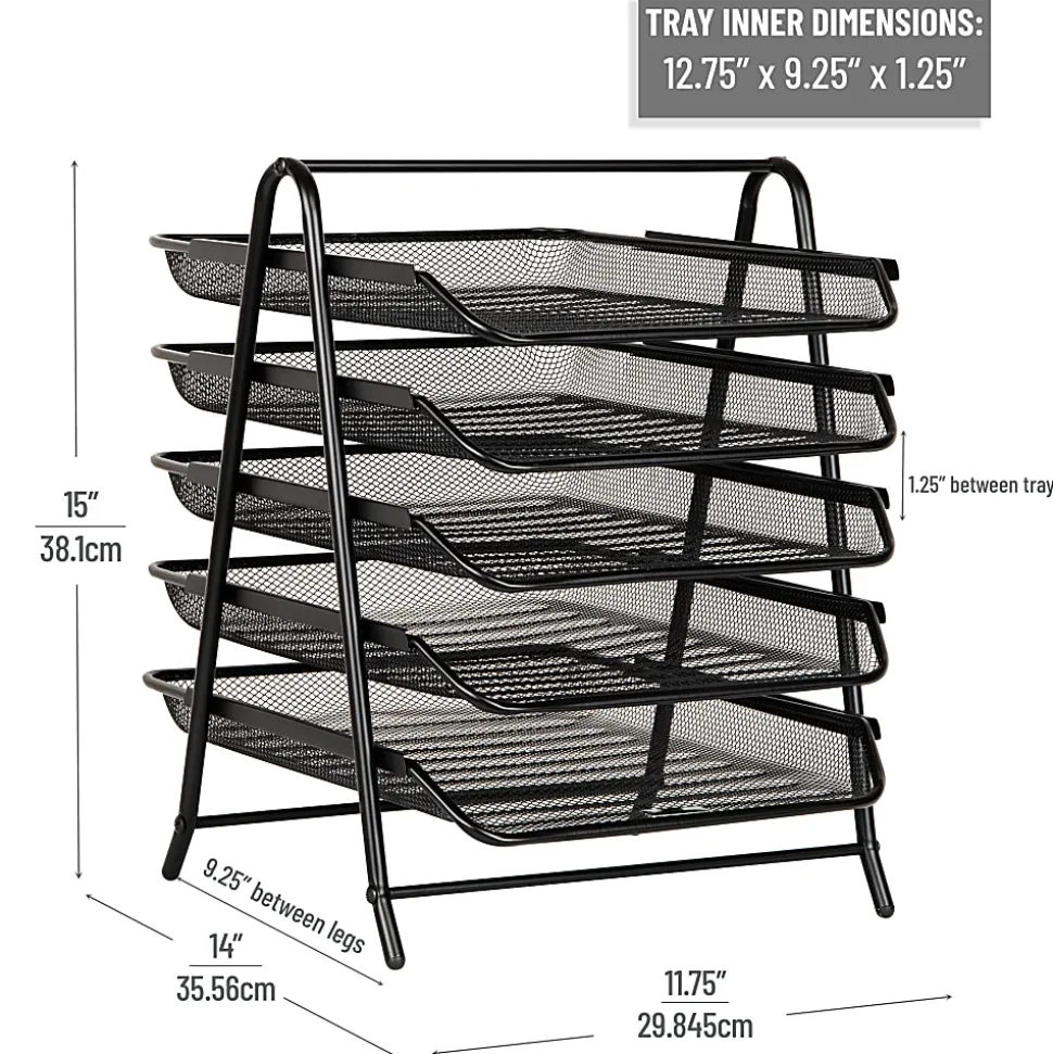 Mind Reader 5-Tier Paper Tray Desktop Organizer Metal Mesh, 14-1/2"H x 14"W x 11-3/4" L, Set of 2, Black