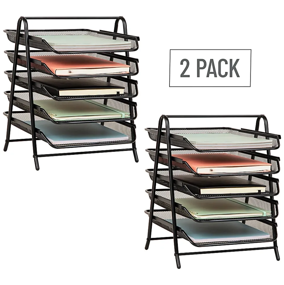 Mind Reader 5-Tier Paper Tray Desktop Organizer Metal Mesh, 14-1/2"H x 14"W x 11-3/4" L, Set of 2, Black