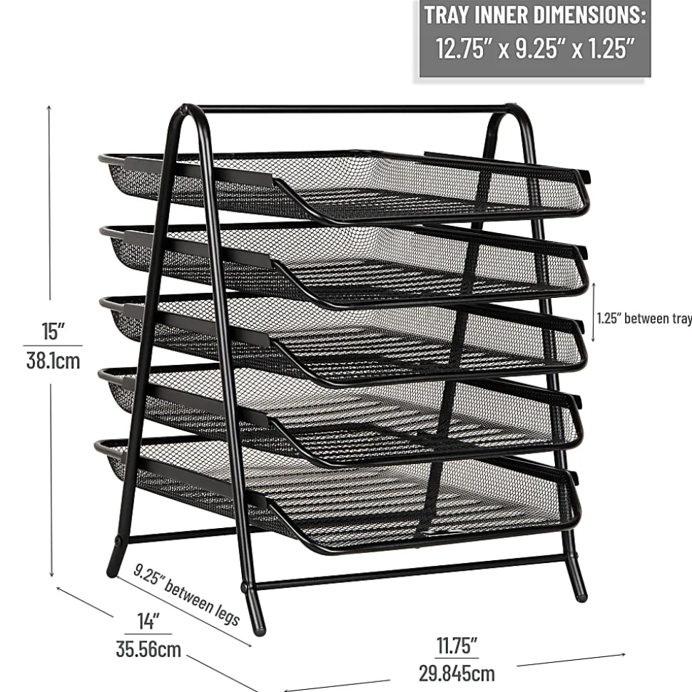 Mind Reader 5-Tier Paper Tray Desktop Organizer Metal Mesh, 15"H x 14"W x 11-3/4" L, Black