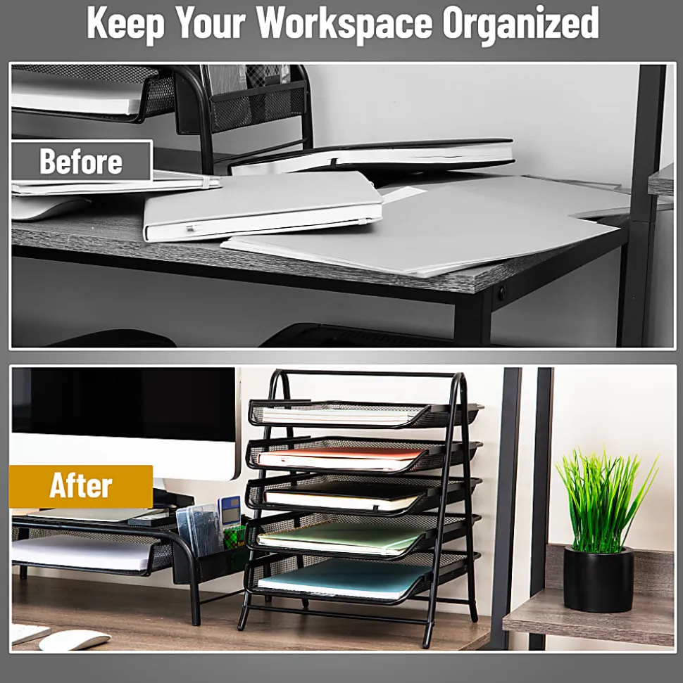 Mind Reader 5-Tier Paper Tray Desktop Organizer Metal Mesh, 15"H x 14"W x 11-3/4" L, Black