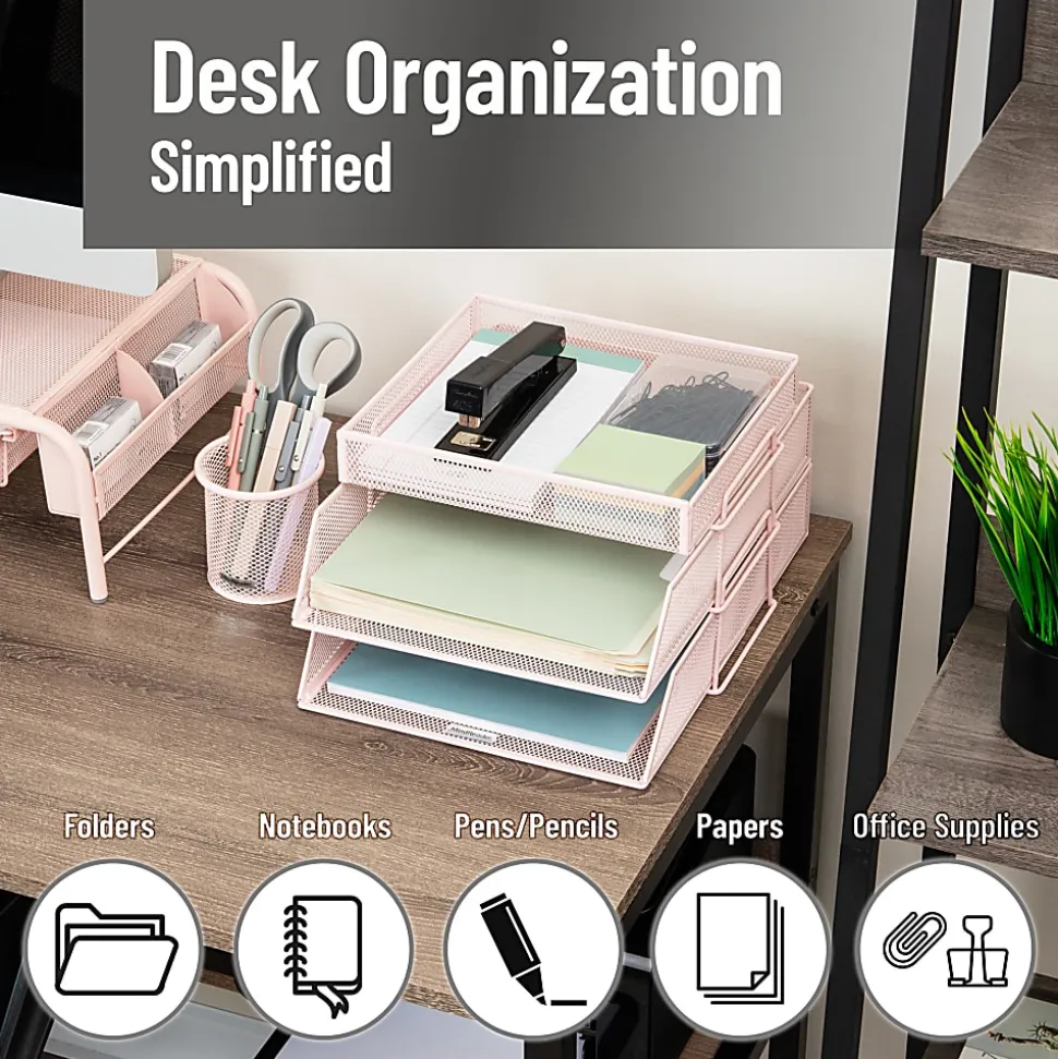 Mind Reader 2-Tier Paper Tray With Top Supply Compartment, 6-3/4"H x 13-1/4"W x 10-1/2"D, Pink