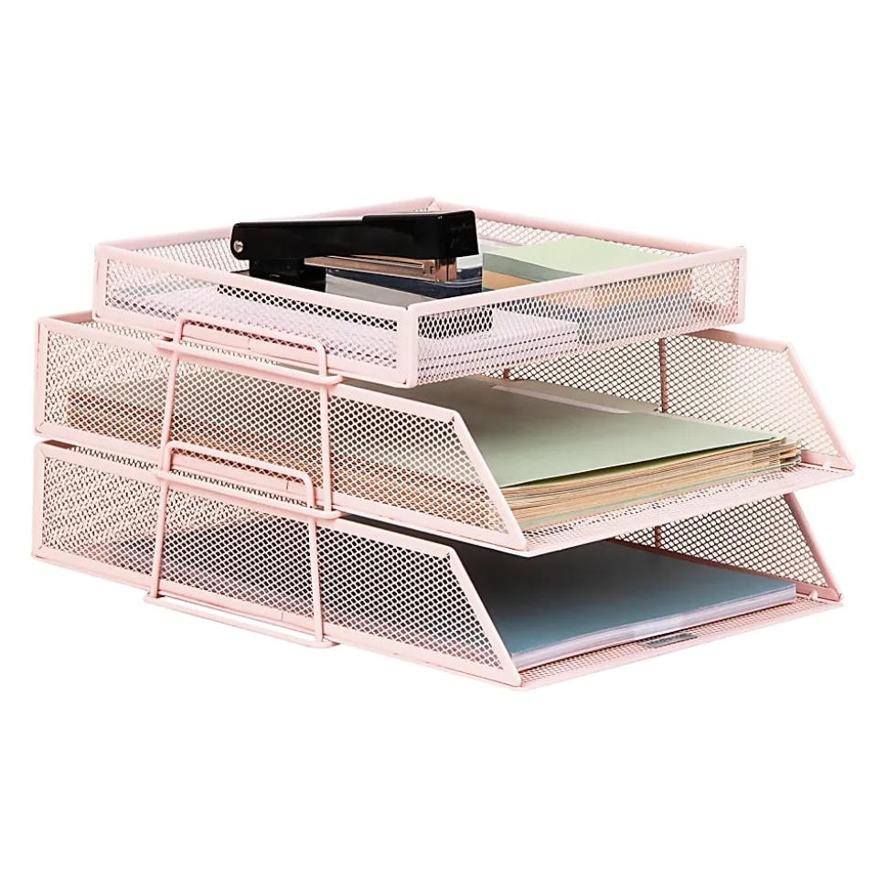Mind Reader 2-Tier Paper Tray With Top Supply Compartment, 6-3/4"H x 13-1/4"W x 10-1/2"D, Pink