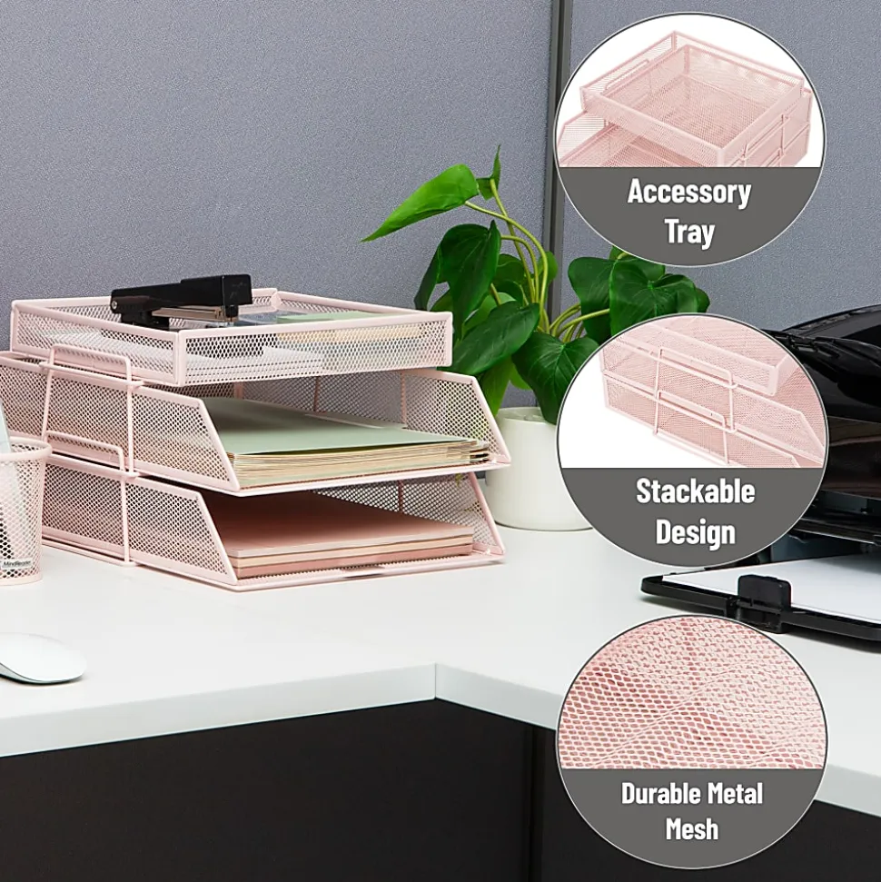 Mind Reader 2-Tier Paper Tray With Top Supply Compartment, 6-3/4"H x 13-1/4"W x 10-1/2"D, Pink
