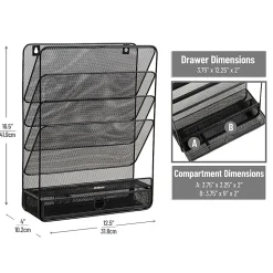 Mind Reader 4-Tier Wall Mount Vertical File Storage with Drawer, 16-1/2"H x 4"W x 12-1/2"L, Black