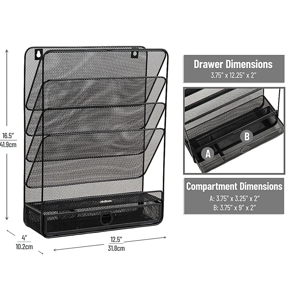 Mind Reader 4-Tier Wall Mount Vertical File Storage with Drawer, 16-1/2"H x 4"W x 12-1/2"L, Black