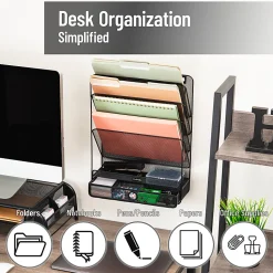 Mind Reader 4-Tier Wall Mount Vertical File Storage with Drawer, 16-1/2"H x 4"W x 12-1/2"L, Black