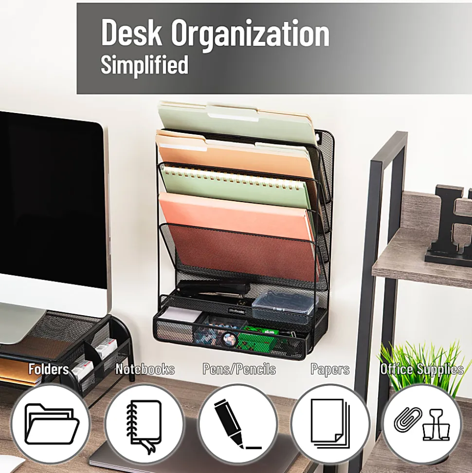 Mind Reader 4-Tier Wall Mount Vertical File Storage with Drawer, 16-1/2"H x 4"W x 12-1/2"L, Black