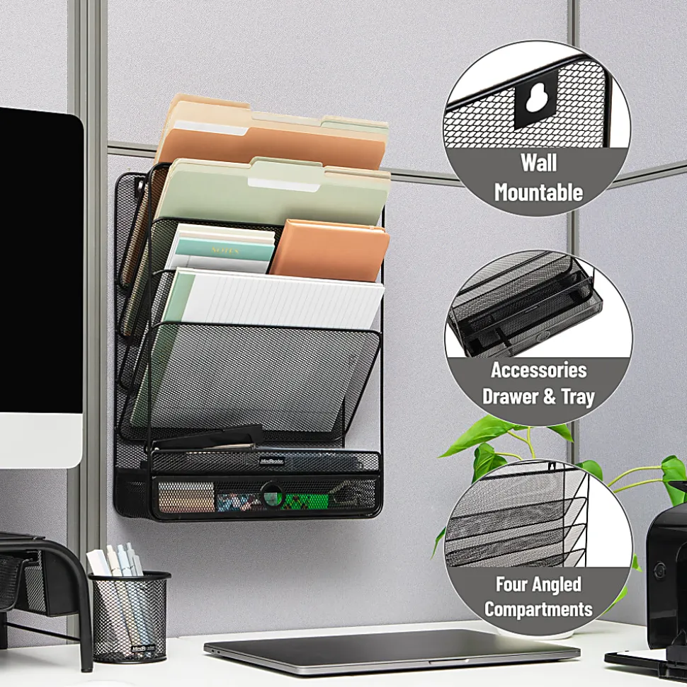 Mind Reader 4-Tier Wall Mount Vertical File Storage with Drawer, 16-1/2"H x 4"W x 12-1/2"L, Black