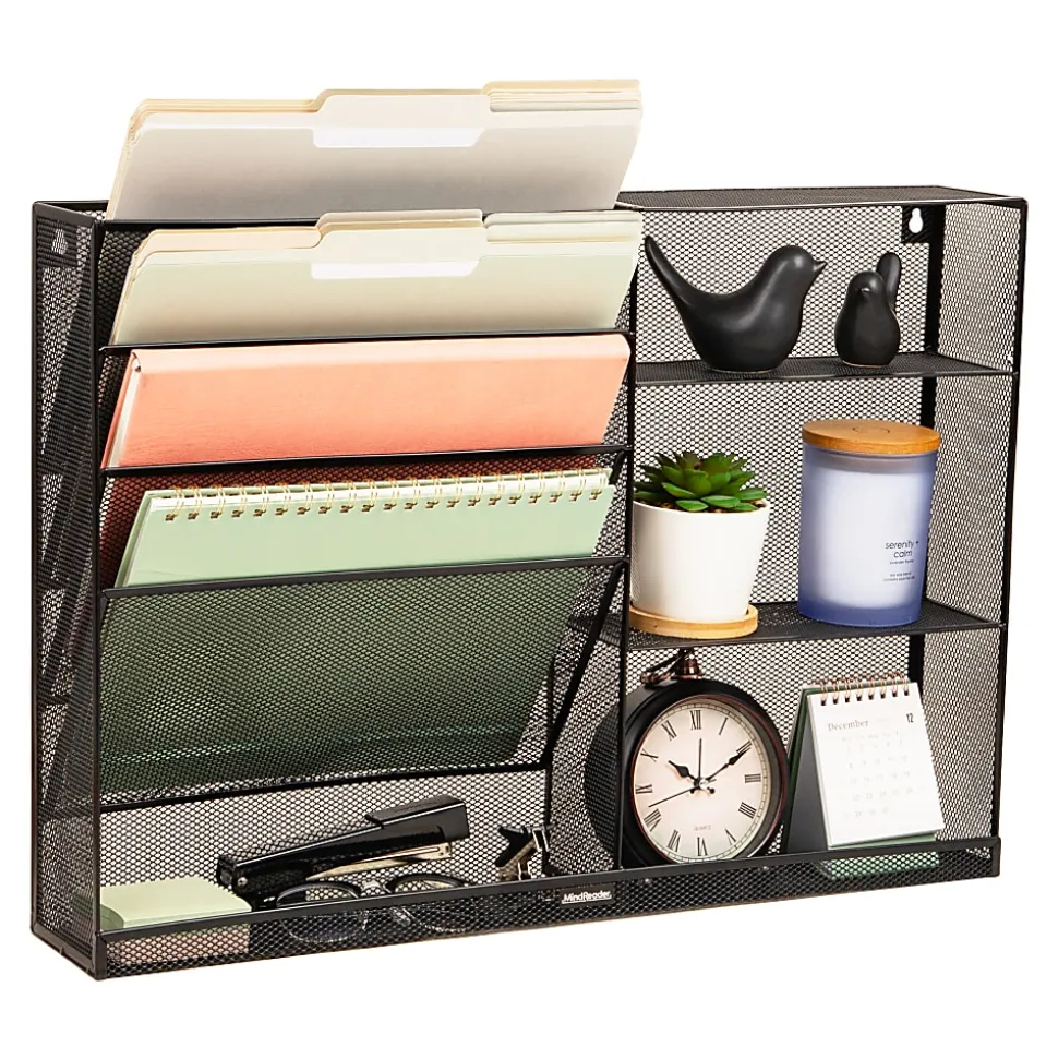 Mind Reader 4-Tier Wall Mount Vertical File Storage With Shelves, 16"H x 4"W x 22-1/2"D, Black