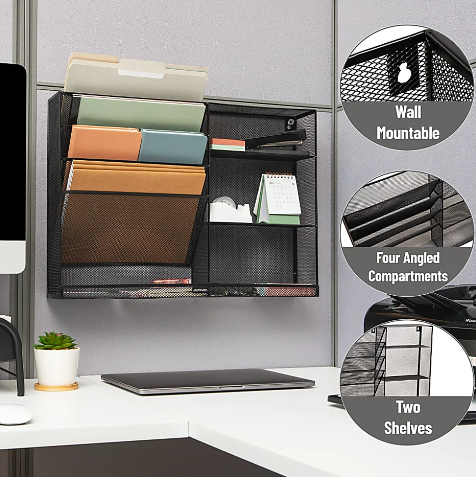 Mind Reader 4-Tier Wall Mount Vertical File Storage With Shelves, 16"H x 4"W x 22-1/2"D, Black