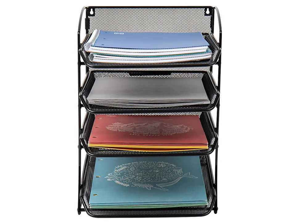 Mind Reader Wall Mountable 4-Tier Paper Tray Desktop Organizer, 11-1/2"H x 14-1/4"W x 11-1/2"D, Black