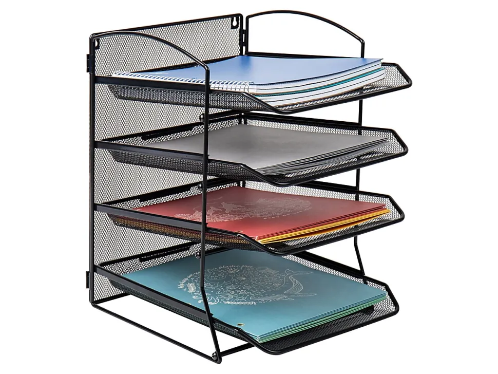 Mind Reader Wall Mountable 4-Tier Paper Tray Desktop Organizer, 11-1/2"H x 14-1/4"W x 11-1/2"D, Black