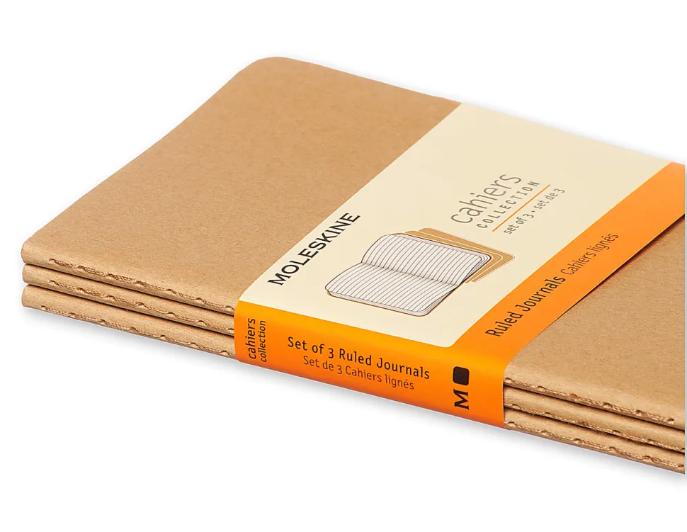 Moleskine Cahier Journals, 3-1/2" x 5-1/2", Faint Ruled, 64 Pages (32 Sheets), Kraft Brown, Set Of 3 Journals
