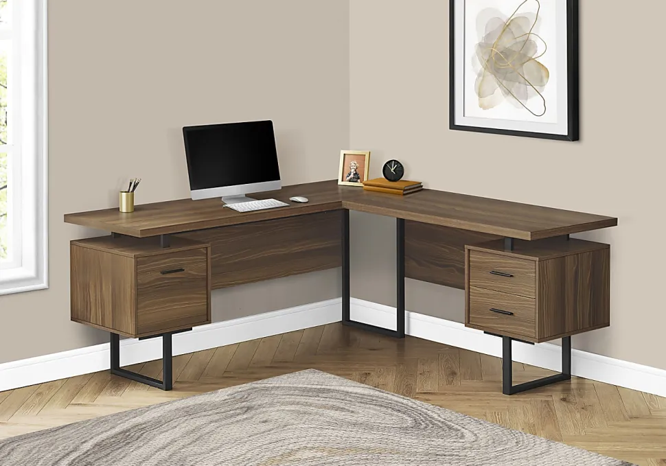 Monarch Specialties Dallas 71"W L-Shaped Corner Desk, Walnut